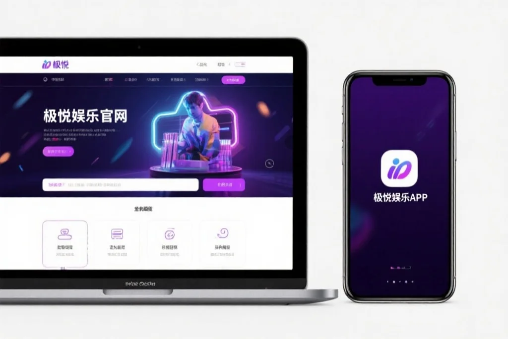 一台笔记本电脑屏幕上显示着高德娱乐官网的界面，旁边是一部手机显示着高德娱乐APP，两者并列对比